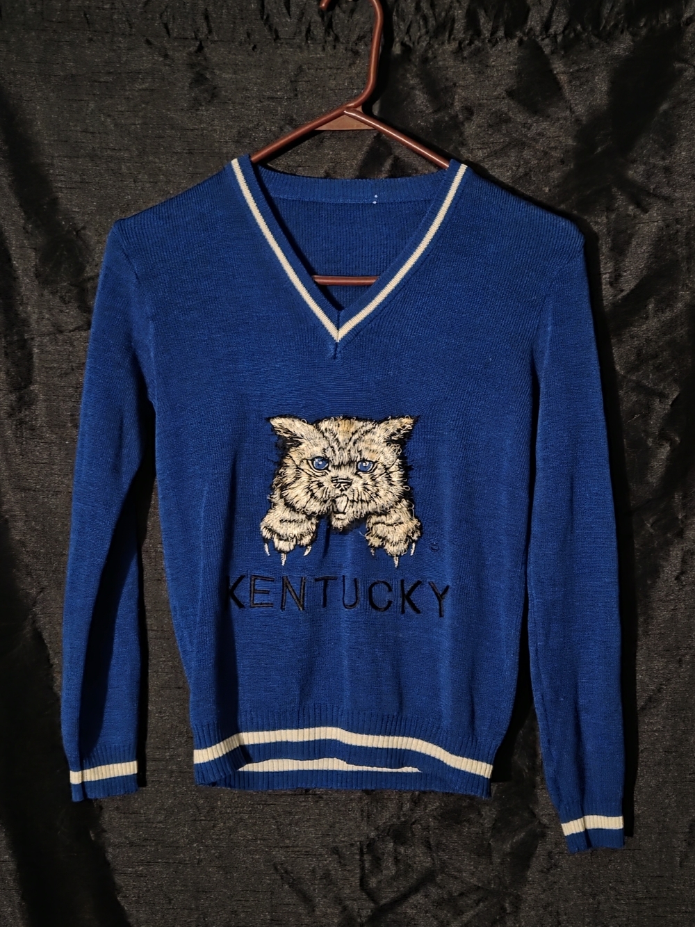 Source Unknown Royal Blue V-Neck Sweater with Wildcat Embroidery